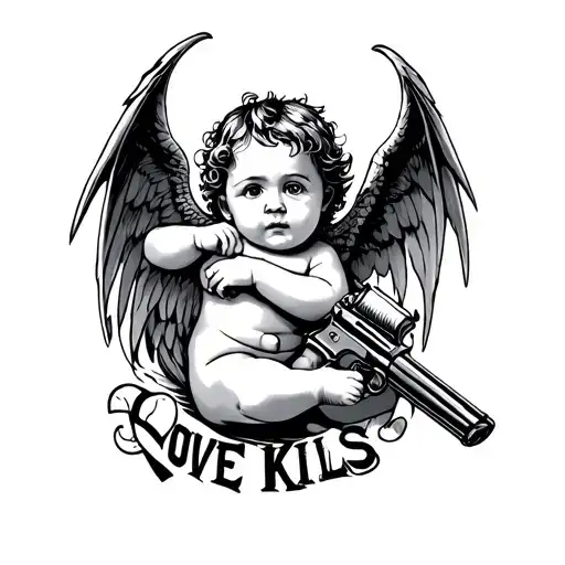 cupid baby holding a draco gun and the word in big text "Love Kills" tattoo design idea