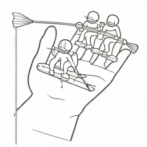 a glove with 3 tiny stick figure men sitting on it holding fishing rods tattoo design idea