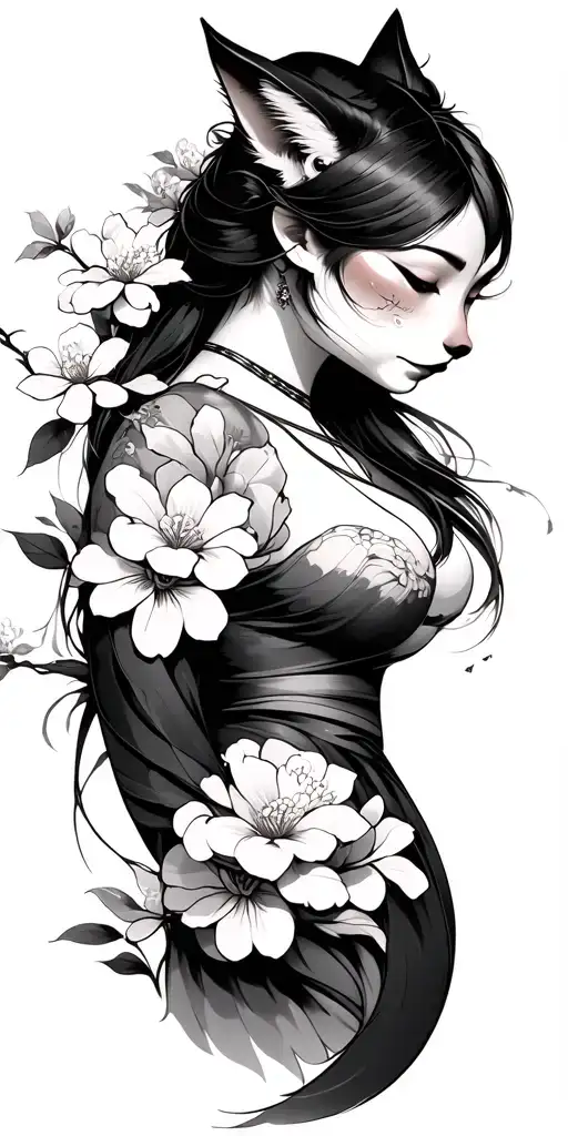 kitsune but on beautiful human female form japanese traditional on upper arm with wind bars as sleeve with sakura flower tattoo design idea