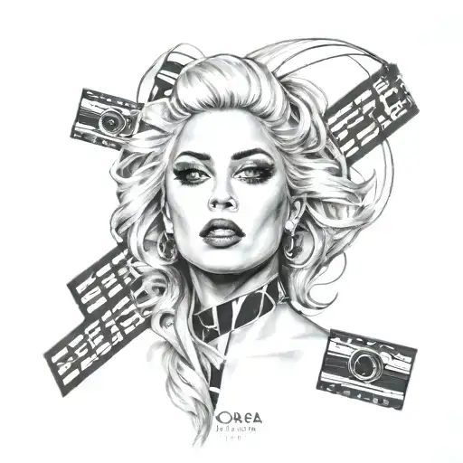 A realistic portrait tattoo of Lady Gaga with a film strip weaving through her hair, capturing her passion for music and cinema tattoo design idea