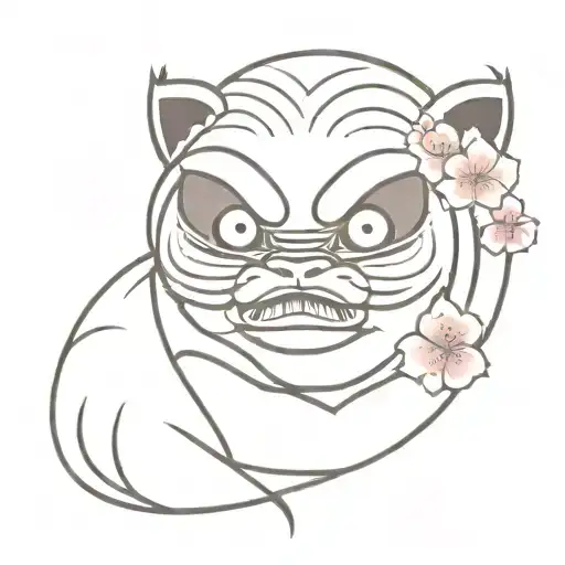 Daruma with 2 sakura flower in bottom and fox mask top right tattoo design idea