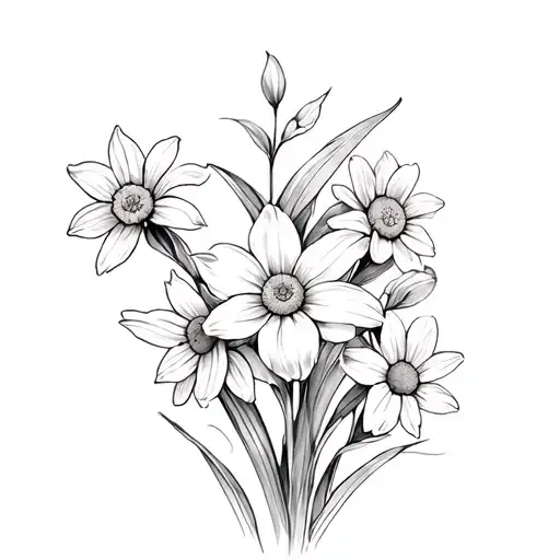 a graceful and feminine fineline tattoo in grey shades and black with the following flowers: daffodil, daisy, lily of th tattoo design idea