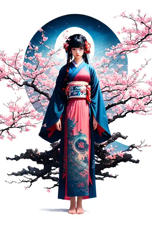 The painting is divided into 3 parts, with a cyber girl standing alone on top among sakura trees, dressed in a kimono, a tattoo design idea