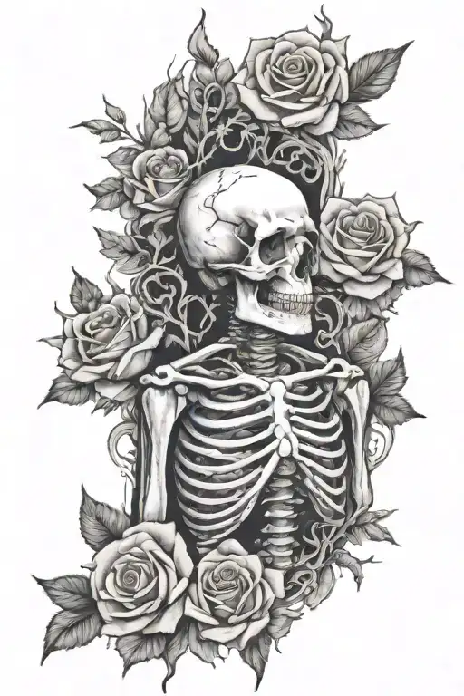 Spine tattoo that are bones going down the spine with skeleton hands facing upwards while holding decaying roses  tattoo design idea