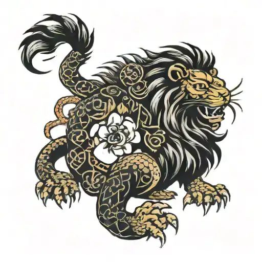 lion with a scorpion tail holding up a libra zodiac sign tattoo design idea