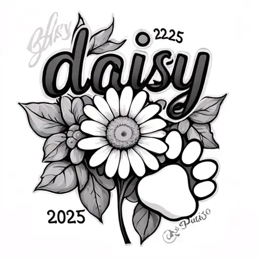 A tattoo of the word daisy with a daisy and a paw print and the numbers 2025 tattoo design idea