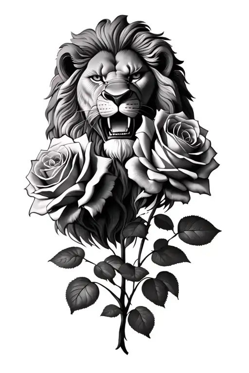 angry lion 3 roses growing together tattoo design idea