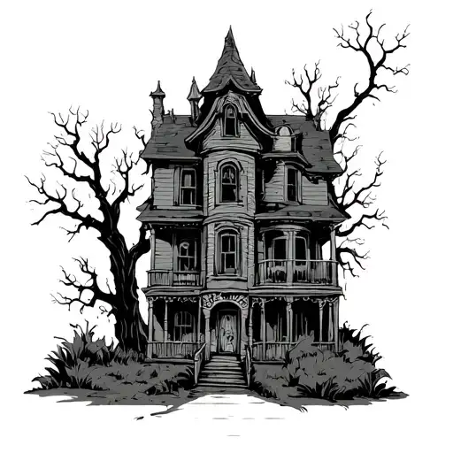 a haunted house black white and grey tattoo design idea