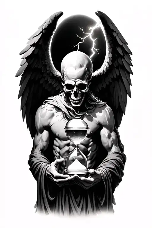 Realistic god of death with angel wings, wrapping around him, holding hourglass hourglass with a lightning background tattoo design idea