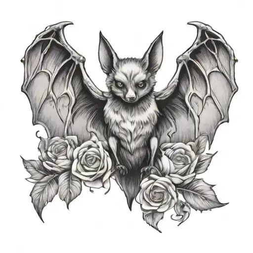 feminine bat with wings out and flowers tattoo design idea