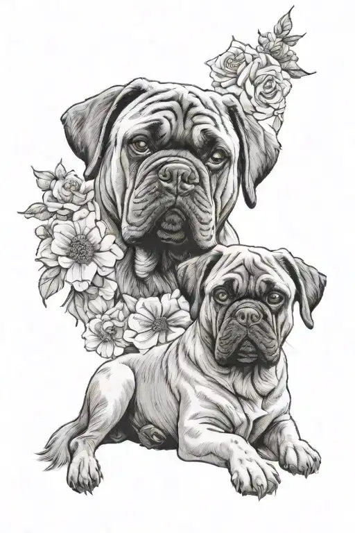 A Cane Corso dog and a Pekingese dog, surrounded by flowers tattoo design idea