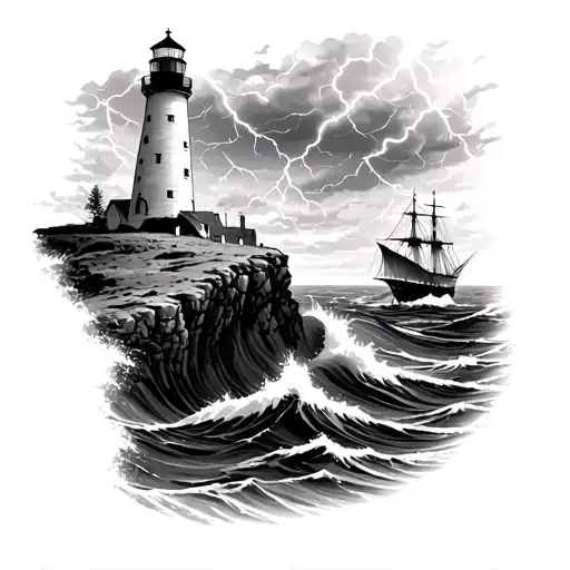lighthouse on a cliff overlooking the ocean during a storm with lightening and rough waves and a ship nearby in the wate tattoo design idea