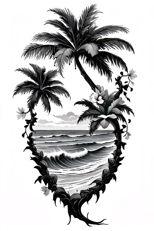 island beach with palm and ocean waves crashing with hibiscus vine tattoo design idea