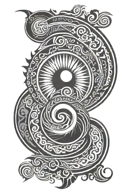 lower arm half sleeve tribal tatto with water symbol, 3 koru, maori design, sun rising tattoo design idea