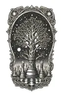 A mystical tree growing chess pieces under a starlit sky in dotwork style tattoo design idea