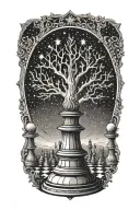A mystical tree growing chess pieces under a starlit sky in dotwork style tattoo design idea