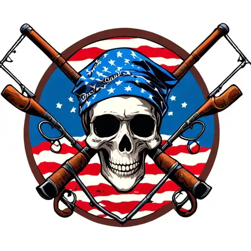skull with American flag bandana with fishing poles tattoo design idea
