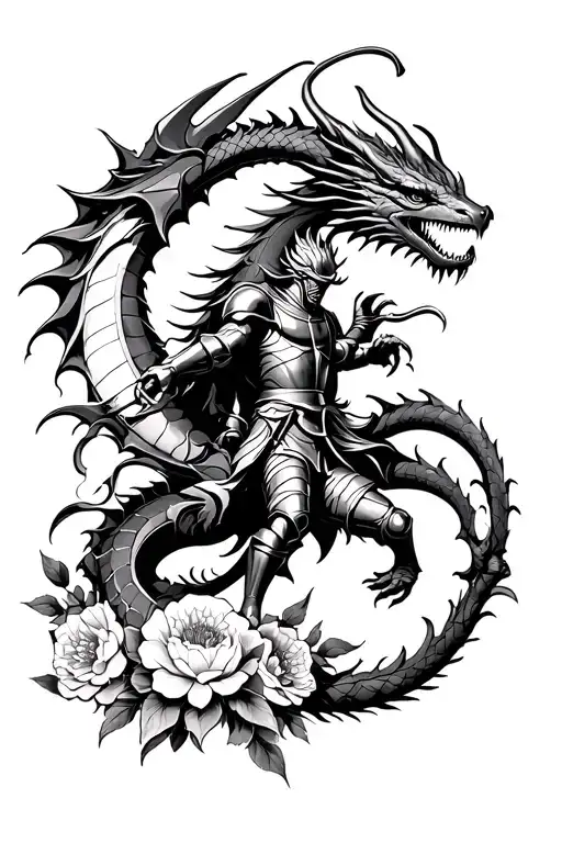 knight fighting a dragon surrounded by flowers  tattoo design idea
