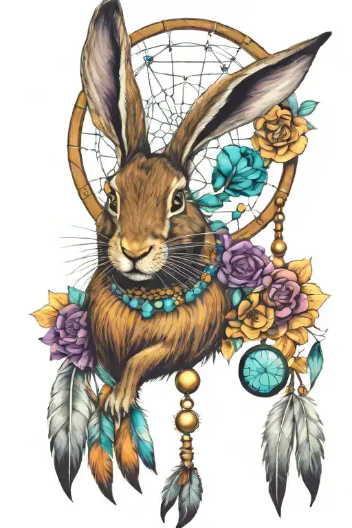 Dreamcatcher rabbit turquoise amber and purple coloring tattoo design idea