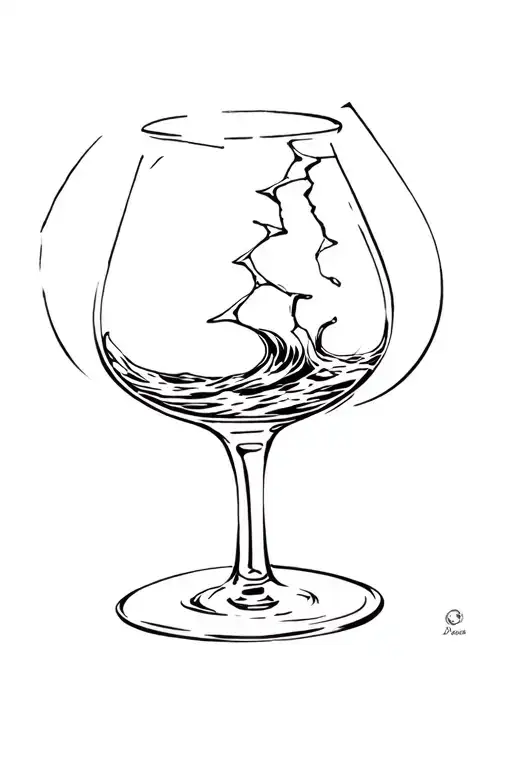 broken wine glass with sea waves, inspired by the song "înapoi" by carlas dreams tattoo design idea