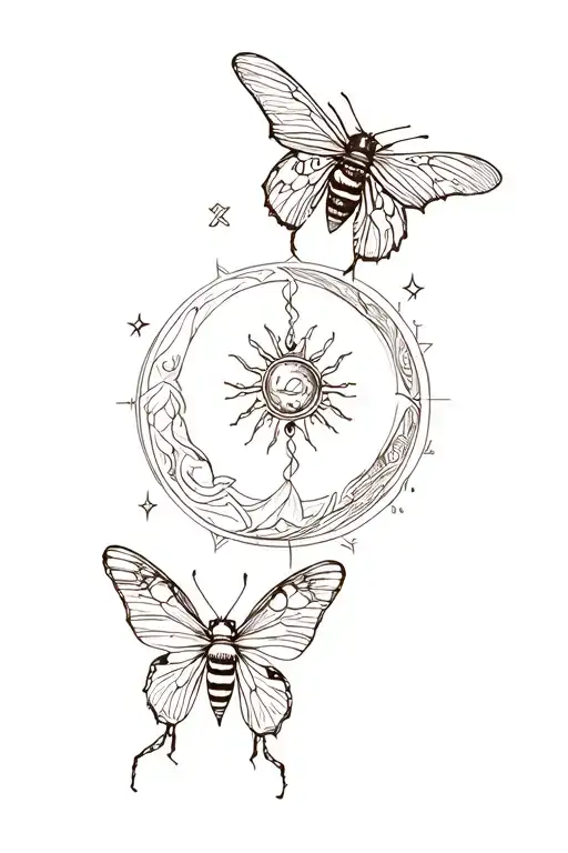 aries sun Sagittarius moon virgo rising symbols with bee and butterfly tattoo design idea