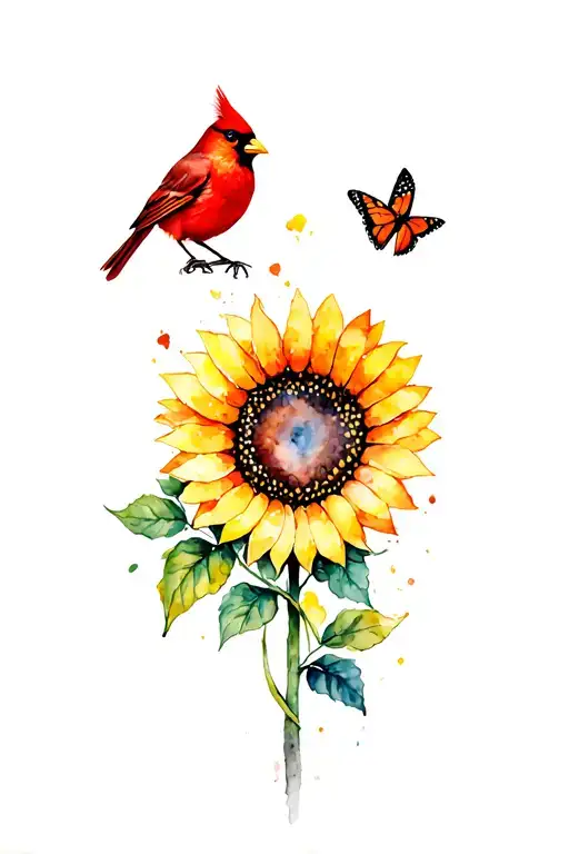 cardinal, sunrise , butterfly , sunflower tattoo design idea