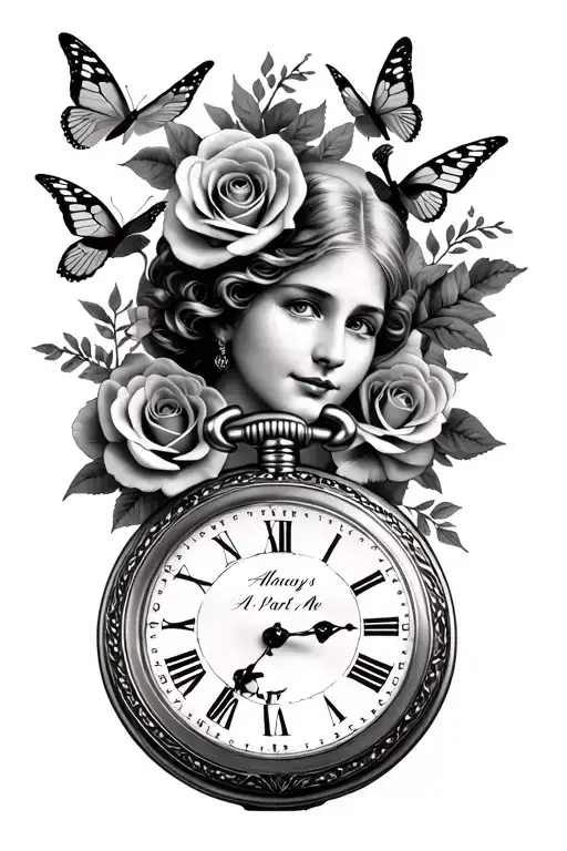 memorial grandmother’s portrait in a pocket watch (18:30) with roses, doves, butterflies. ALWAYS A PART OF ME, tattoo design idea