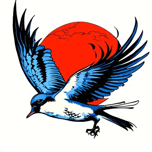 swallow flying towards a red sun tattoo design idea