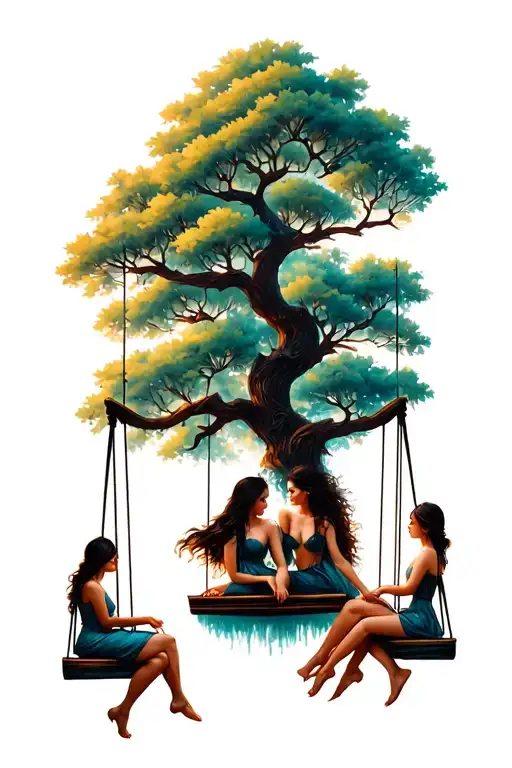 tree tattoo with swing and 3 seated girls tattoo design idea