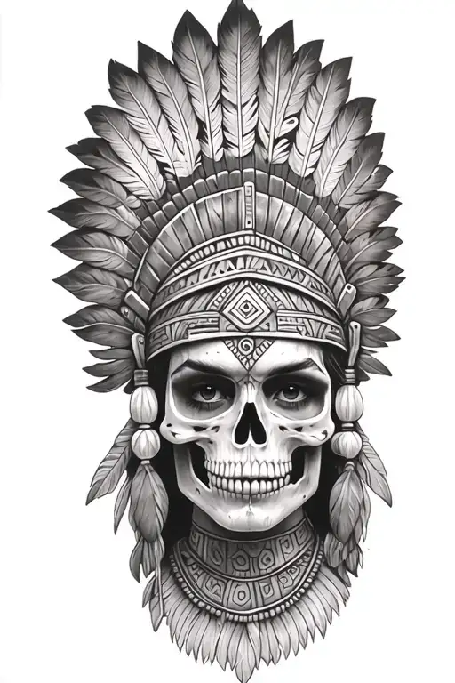aztec warrior girl skeletal face with an Aztec-inspired headdress, blending death and warrior symbolism feathers tattoo design idea