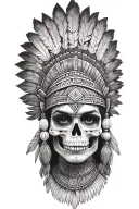 aztec warrior girl skeletal face with an Aztec-inspired headdress, blending death and warrior symbolism feathers tattoo design idea