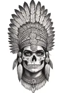 aztec warrior girl skeletal face with an Aztec-inspired headdress, blending death and warrior symbolism feathers tattoo design idea