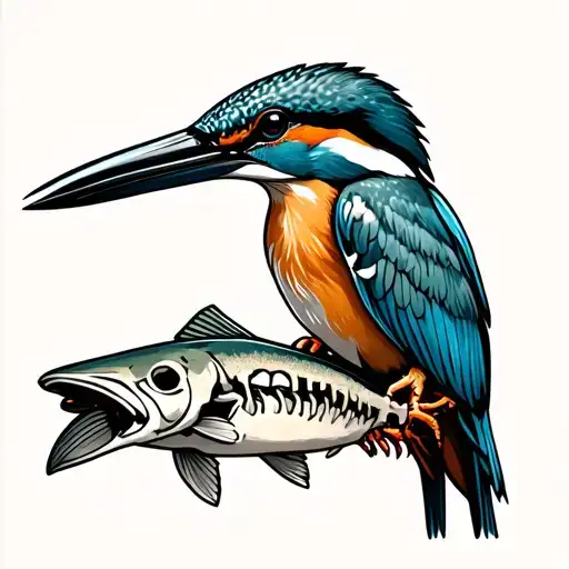 kingfisher holding skeleton of trout in beak tattoo design idea
