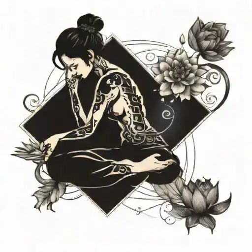 yoga pose shadow, chakras symbols integrated, surrounded by lotus flower realistic, phases of the moon tattoo design idea