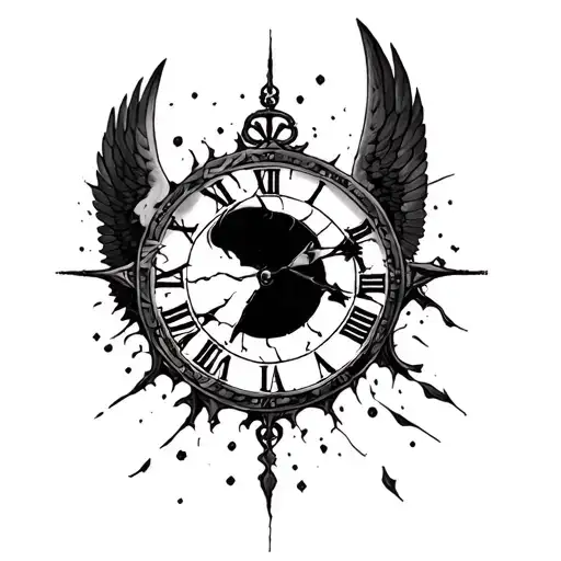 "Sing the anthem of the angels and say the last goodbye" broken clock set to midnight and with sun incorporated into des tattoo design idea
