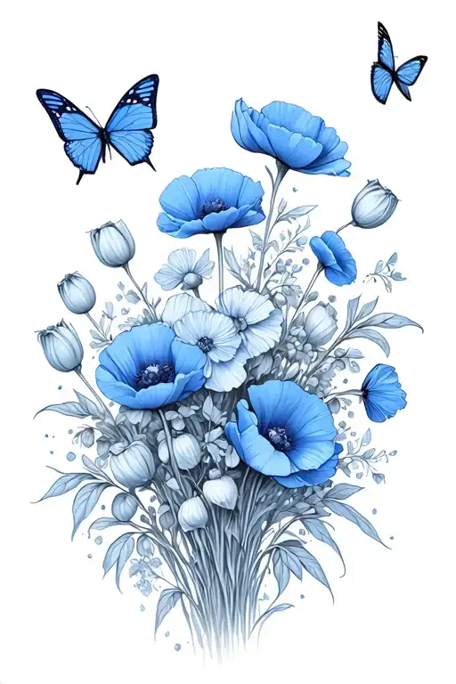 a bouquet with blue bell flowers, queen of the night, poppies and tuips. and white butterflies flying around the flowers tattoo design idea