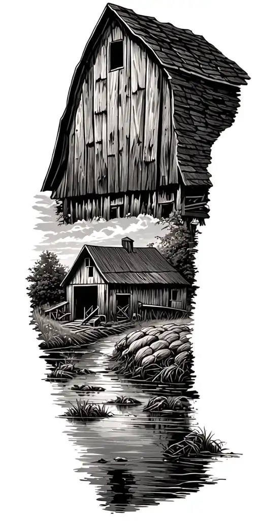 farm with old barn tattoo design idea