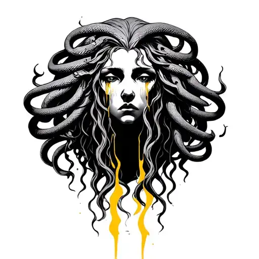 a simple black and white medusa head wither her hair of snakes and have her crying golden tears  tattoo design idea