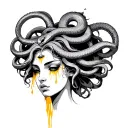 a simple black and white medusa head wither her hair of snakes and have her crying golden tears  tattoo design idea