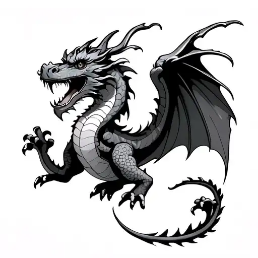 asian dragon flying side view camera with legs no wings tattoo design idea