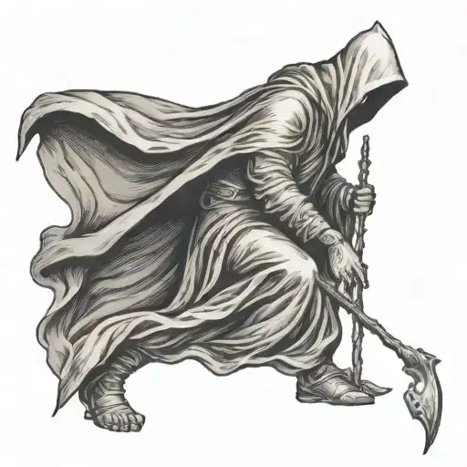 hooded faceless saint full body with trident  tattoo design idea