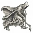 hooded faceless saint full body with trident  tattoo design idea