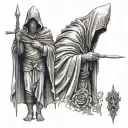 hooded faceless saint full body with trident  tattoo design idea