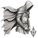 hooded faceless saint full body with trident  tattoo design idea