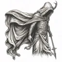 hooded faceless saint full body with trident  tattoo design idea