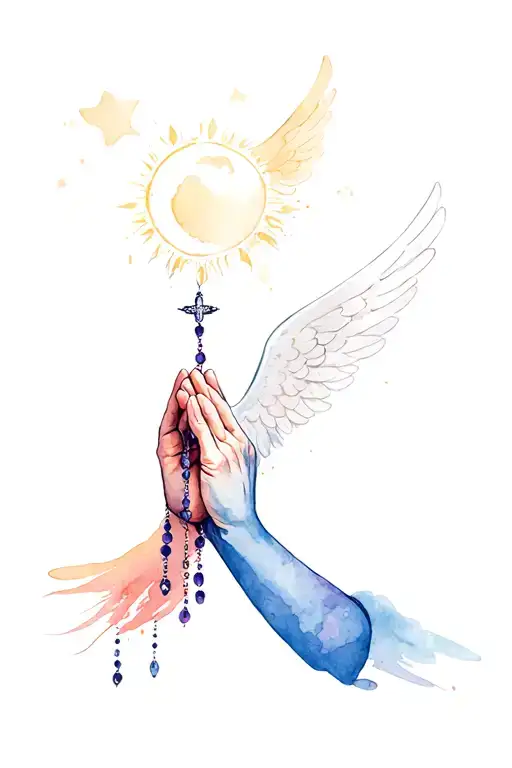 praying hands holding rosary beads with angel wings water and sun tattoo design idea
