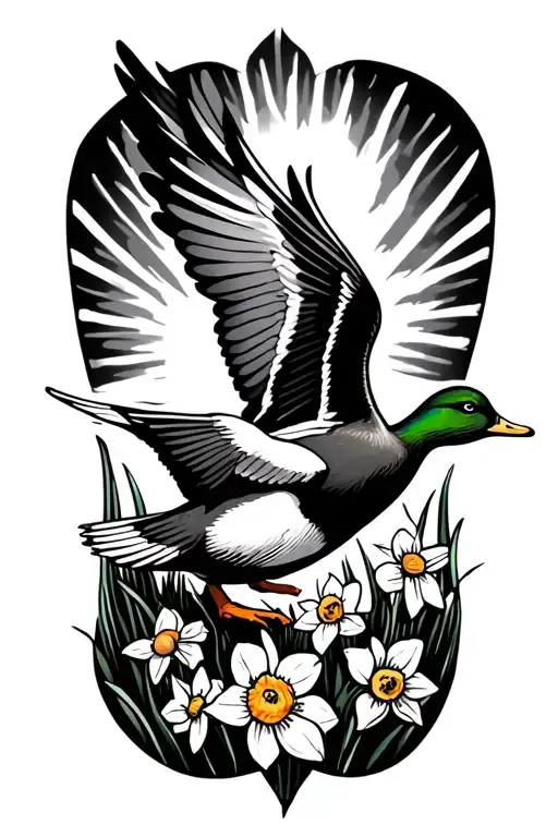 duck flying with daffodils and sun rays tattoo design idea
