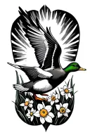 duck flying with daffodils and sun rays tattoo design idea