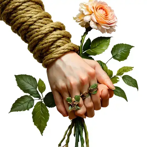 slave girl hands holding flowers and wrists wrapped in Shibari rope tattoo design idea