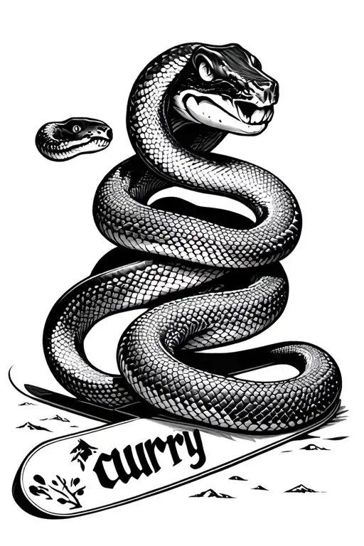 snake wrapped around snowboard incorporating name "curry" maybe snowy mountain in background  tattoo design idea